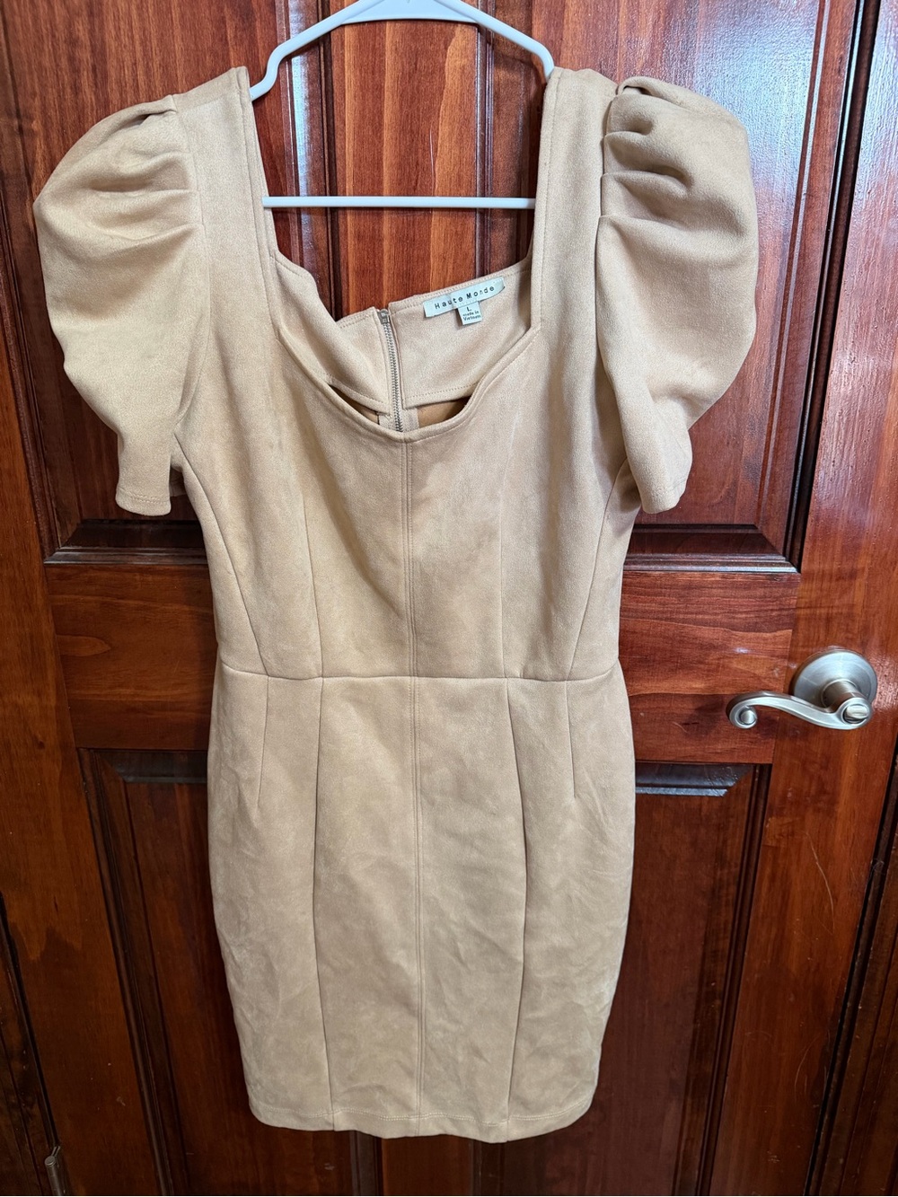 Haute Monde Camel Puff-Sleeve Sheath Dress